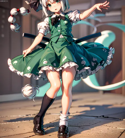 1girl,touhou,(konpaku youmu:1.1),(bobby socks:1.1),waving