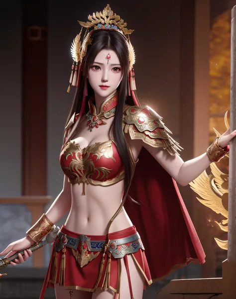 best quality, masterpiece, high resolution, 1girl, ancient chinese battlefield background, metal armor, cape, metal collar, ancient spear, hair ornament, necklace, jewelry, beautiful face, upon_body, tyndall effect, realistic, dark studio, edge lighting, d...