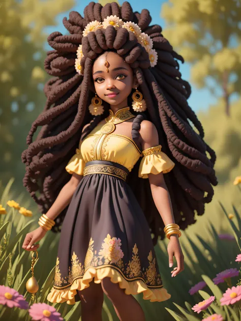 (masterpiece),(best quality),(ultra-detailed), (full body:1.2), black woman, teenager, fantasy universe, long dress, light smile, flower, outdoors, turban, :3, afro clothes, princess, blurry, brown hair, black hair, background abstract (beautiful detailed ...