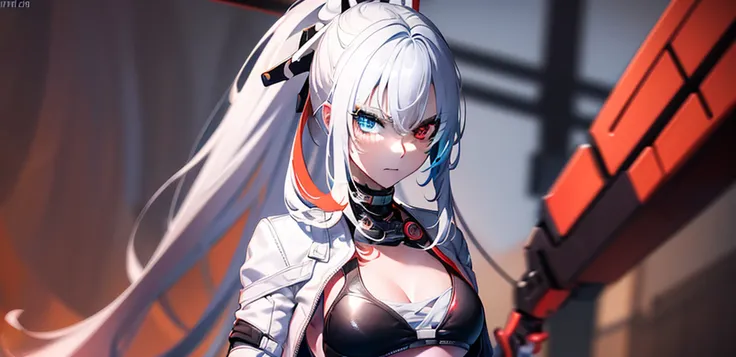 (burning city in the background:1.2), blurry background, looking forward full body, silver hair, long ponytail, white jacket ope...