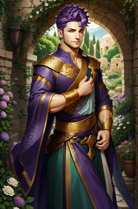 lamia, purple hair, short hair, green eyes, greek clothes,, fantasy, detailed eyes, in a garden, (young male:1.3), solo, no bear...