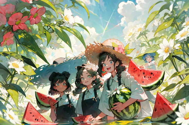 three little girls，face details，clear facial features，happy tasting of watermelon，cool liquid，sunbeams，shade，colorful，