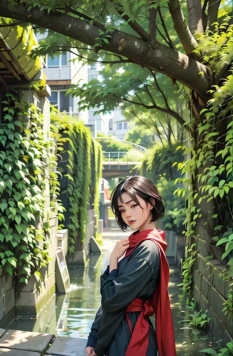 a woman solo of a young woman with short black hair, wearing a red hood and green sweatshirt, standing at the edge of a cliff lo...