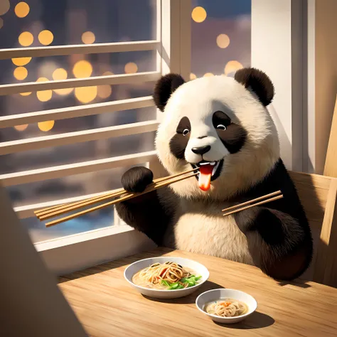Adorable panda eating ramen with chop sticks in front of window, outside of window is a busy city, Pixar style, 4k, lots of food on his table, the panda is smiling with cute fangs