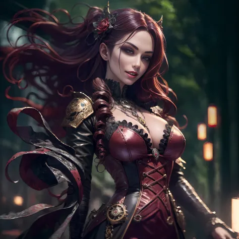A Masterpiece, Steampunk, Gothic dress Japanese Sexy Vampiress, Hyperrealistic Full body, ((Red wavy hair)), (perfect body), ((perfect hyperrealistic detailed face)), ((perfect detailed hyperrealistic fingers)), ((Showing teeth and Vampire Fangs)), ((Perfe...