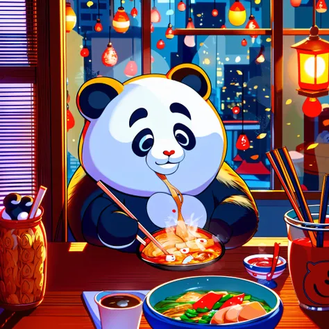 adorable panda eating ramen with chop sticks in front of window, outside of window is a busy city, pixar style, 4k, lots of food...