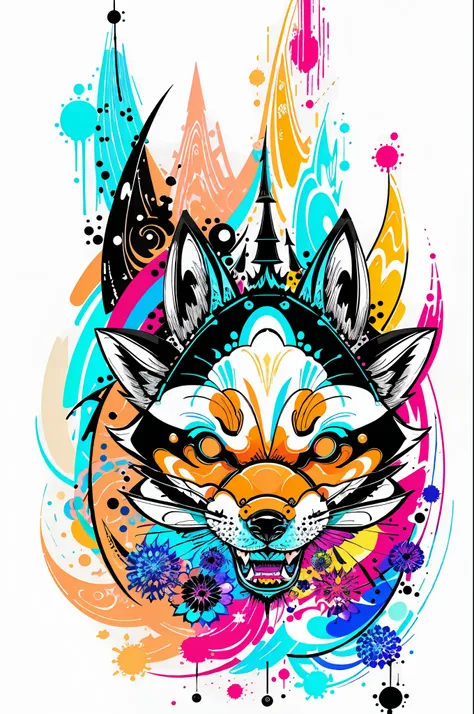 in the style of 0mib, adorable japanese fox, prismatic shards, reflecting fractal circles, ink spatter, melting brush strokes, p...