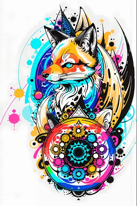 in the style of 0mib, adorable japanese fox, prismatic shards, reflecting fractal circles, ink spatter, melting brush strokes, p...