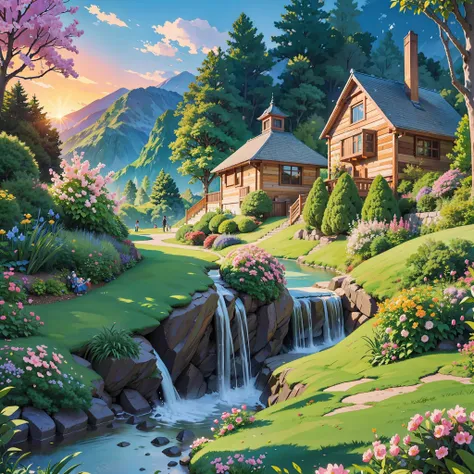 illustration of mountain dwellings, waterfalls in the backyard, a beautiful brick trail lead to a beautiful flowering garden, ch...