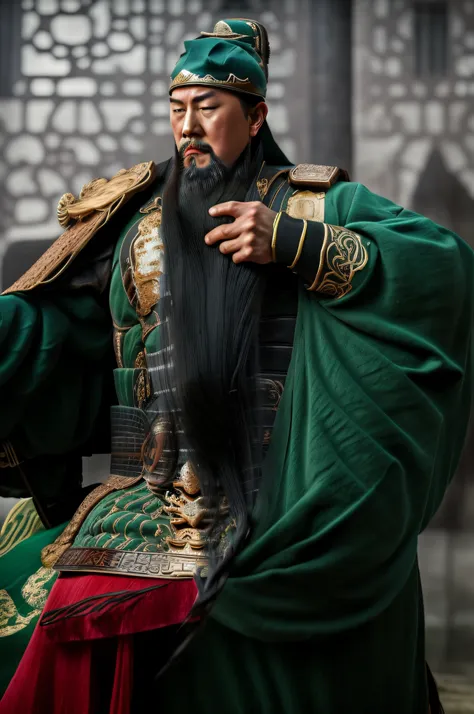 The whole body, including the crown of the head, is in the picture, (green clothes, fearless and intelligent face, (colored skin), (waist-length heavy black beard): 1.2), (clothes of the Three Kingdoms period: 1.2), long pants, (insanely detailed, bloom: 1...