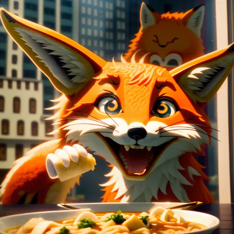 (One Adorable fox eats ramen), Cute fangs, open smile, Pixar urban-style, The window of the city behind it, 4K, a lot of different food on the table