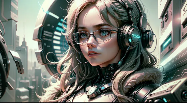 crie uma imagem de uma mulher com estilo, wearing glasses and listening to music in a futuristic and technological city --auto -...