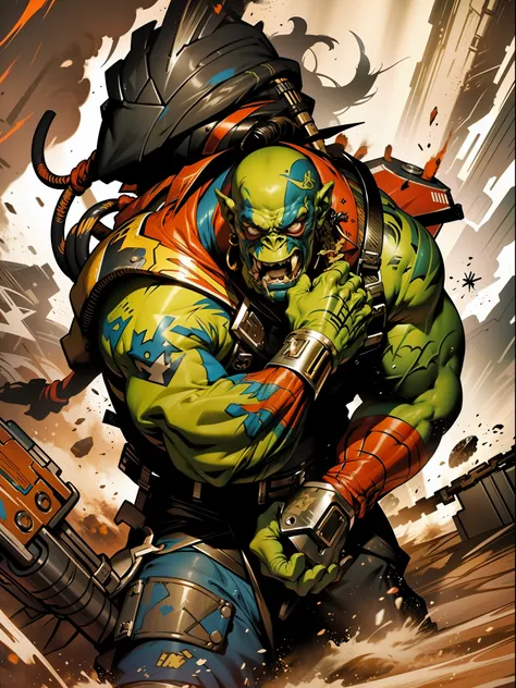 um ogro musculoso pousando para foto no estilo simon bisley para a capa da revista heavy metal, roupa de rugby, tatuagens colori...