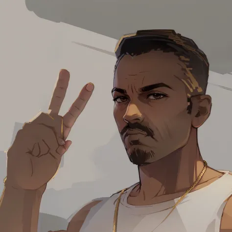 GtaV2013 about a young man with white tank top and gold cord looks at the camera and making a v with his fingers