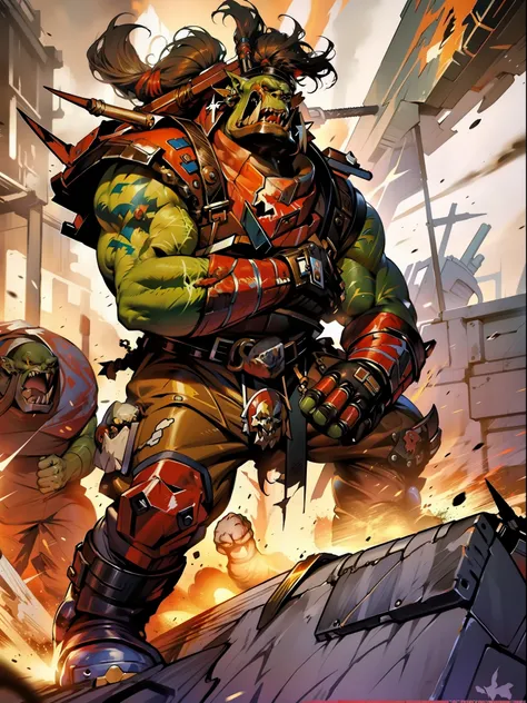 um ogro musculoso pousando para foto no estilo simon bisley para a capa da revista heavy metal, roupa de rugby, tatuagens colori...