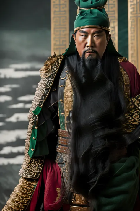 The whole body, including the crown of the head, is in the picture, (green clothes, fearless and intelligent face, (colored skin), (waist-length, heavy black beard): 1.2), (clothes of the Three Kingdoms era: 1.2), long pants, (insanely detailed, bloom: 1.5...