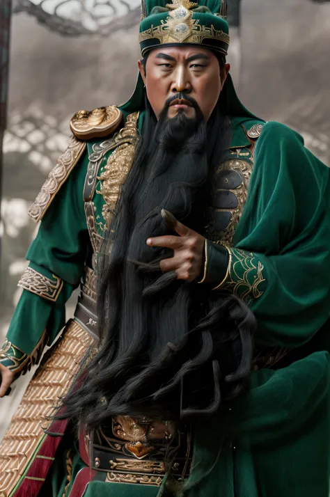 The whole body, including the crown of the head, is in the picture, (green clothes, fearless and intelligent face, (colored skin), (waist-length, heavy black beard): 1.2), (clothes of the Three Kingdoms era: 1.2), long pants, (insanely detailed, bloom: 1.5...