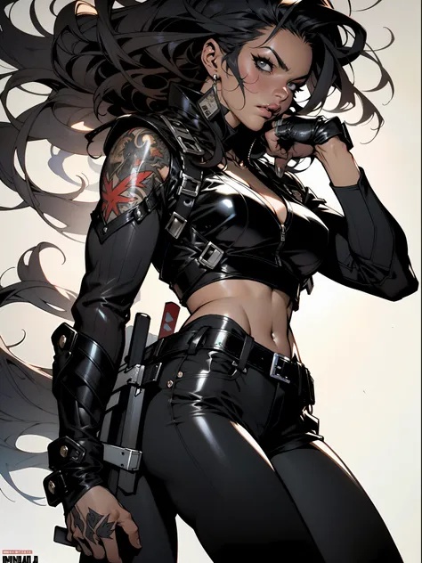 Uma guerreira mulher de 35 anos musculosa quase nua no estilo Simon Bisley para a capa da revista Heavy Metal, cabelo metade preto metade branco, Minimum clothing, Roupas curtas,