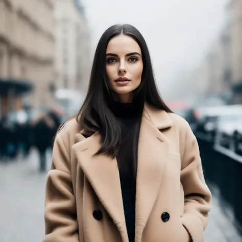 realistic brunette woman in a black coat in a modern city, beaufiful face