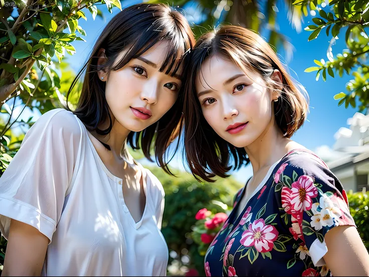 (8k, highest quality, masterpiece:1.2),(hair_style), (realistic, photorealistic:1.37), highest quality, masterpiece, photographed on a wooden deck where you can see the sky and the sea in the summer sunshine, [small breasts], [Small chest], two models with...