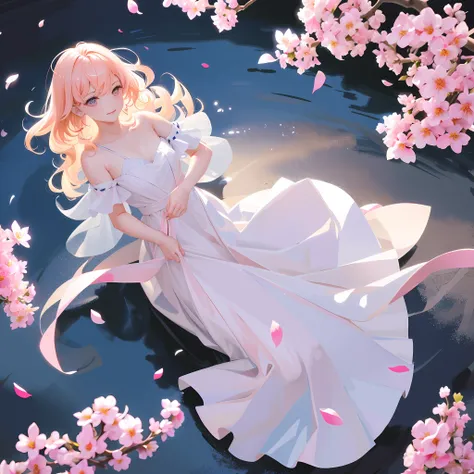 cherry_the flowers,, falling_flower petals, flower petals, branch, pink_flower, 1 girl, blue colored、_Sky ,、, spring_(seasons), flower petals_on_liquid, flower, hanami, dress, Long curly blonde hair,solo, Jour, Sky ,、, short_hair, out door,, cloud, Bangs, ...