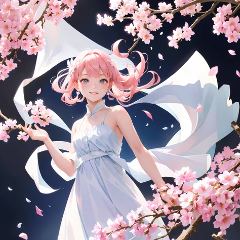 cherry_the flowers,, falling_flower petals, flower petals, branch, pink_flower, 1 girl, blue colored、_Sky ,、, spring_(seasons), flower petals_on_liquid, flower, hanami, dress, Long curly blonde hair,solo, Jour, Sky ,、, short_hair, out door,, cloud, Bangs, ...