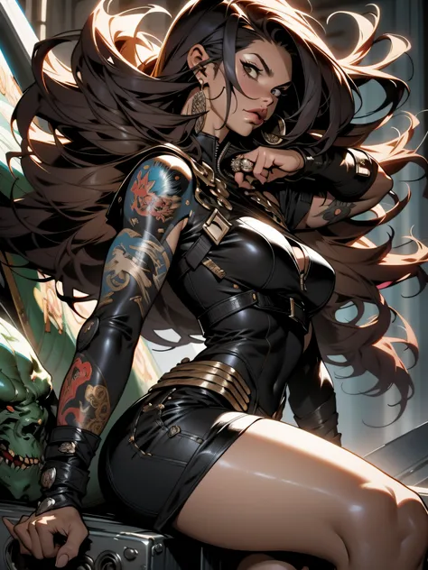 Uma guerreira mulher de 35 anos musculosa quase nua no estilo Simon Bisley para a capa da revista Heavy Metal, cabelo de cores variadas, Minimum clothing, Roupas de cores quentes e curtas,