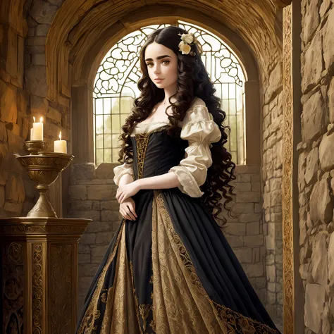 Lily Collins with long black curly hair in a medieval chemise, medieval plebeian clothing, an illustration is detailed, smooth and glossy, full body, HD artwork by Justin Gerard --auto --s2