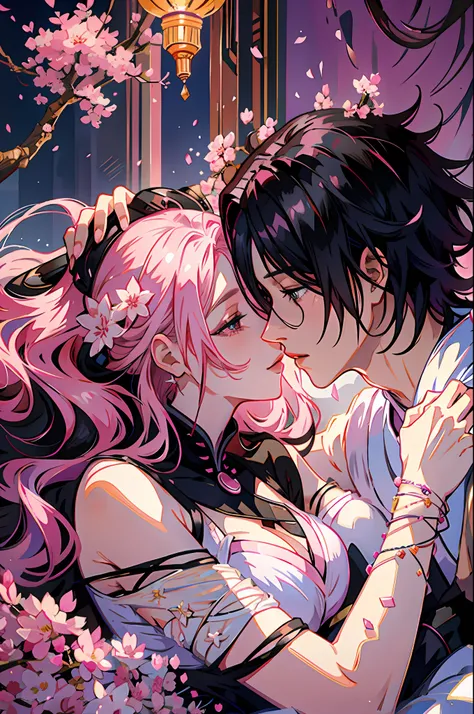 pink haired woman lying in the arms of a black haired man, royalty, nobility, princess, elegant, kiss, high quality, couple, kis...