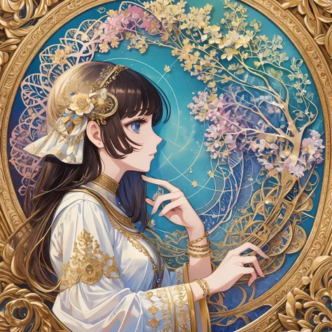 1 girl, (masterpiece, highest quality, highest quality, beautiful and aesthetic: 1.2), (1 girl: 1.3), (fractal art: 1.3), jewelry, delicate clothing, round picture frame, profile, corolla
