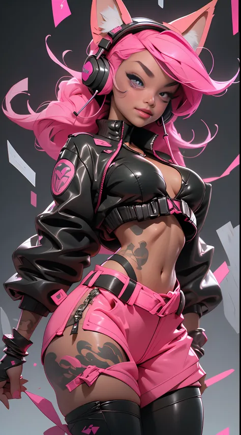 (Best quality), (masterpiece), (realistic) and ultra-Detailed photo of cute girl in futuristic neon headphones with plastic fox ears, She has a (pink hair), wears leather (unbuttoned) pink-Black racing jacket on a naked body, under which we can see ((huge ...