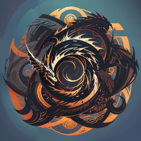dragon shilhohette, Black dragon, 2D, logo, circular shape behind, vector, line art, design, inspiration, straight, symmetry, minimalist