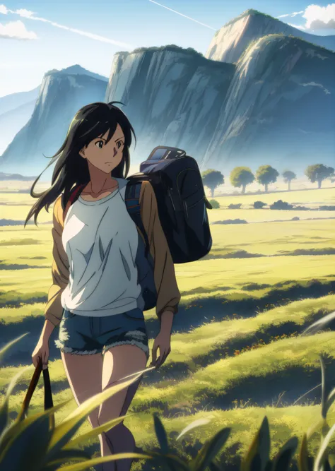 menina anime com mochila andando por um campo de grama, makoto shinkai estilo de arte, estilo de makoto shinkai, ( ( makoto shin...