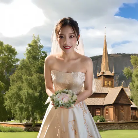 bride in a wedding dress standing in front of a church, church in the background, photo taken with nikon d750, photo taken with ...