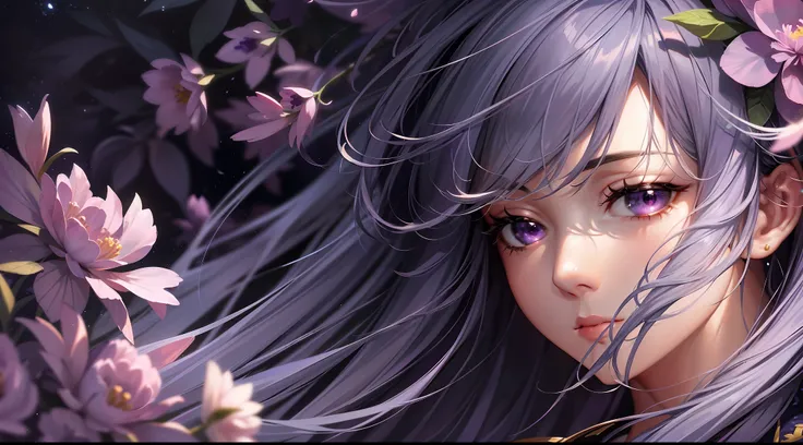 starry sky, moon, clouds, maiden looking up at the starry sky, long hair, field, (((blue-purple lot))), ((peony flowers a lot)),...