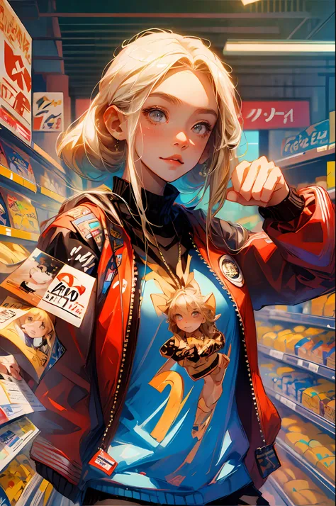 anime girl, blonde hair, brown eyes, competitive smile, varsity jacket, thumbs up pose, crouch pose, supermarket background --au...