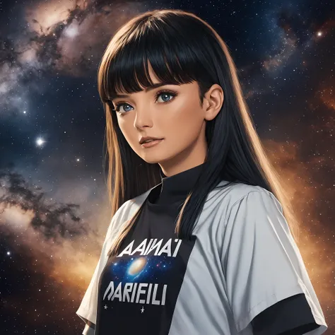 a girl with bangs, com cabelos castanhos escuros, com uma camisa preta, com a letra N, in space, com os olhos castanhos escuros, com a pele branca, no fundo estrelas caem, where her shirt is N --auto --s2