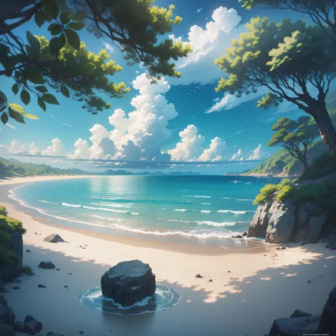 there are many birds flying over the water on the beach,  blue water, detailed scenery —width 672,, anime sky, anime scenery, be...