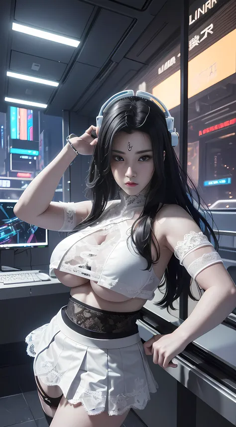 ((Best quality)), ((masterpiece)), (highly detailed:1.3), 3D, beautiful, (cyberpunk:1.6), in space, nebula, (holding_weapon:1.3), laser, (1Female mecha:1.3), sexy body, facing the audience, Glowing eyes, full body, (flying, swooping down, dynamic, motion b...