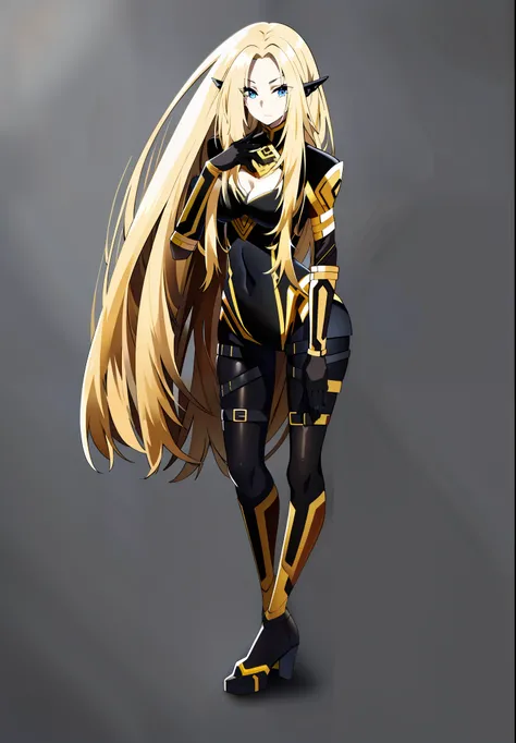a woman in a black and gold outfit holding a gun, black and golden armor, black and gold armor, blonde anime girl with long hair, sleek gold armor, mechanized valkyrie girl, armor girl, gilded black uniform, light gold armor, official character art, gold o...