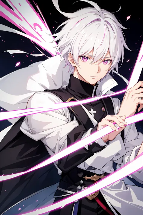 anime boy, white colored hair, pink eyes, prince uniform, sword, fantasy, kind smile, field background, intricate details, depth...