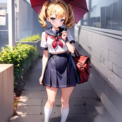 wide  shot、high school girl is pooping a little girl、holding a red umbrella、heavy rain、bus stop in the countryside、old bus stop、...