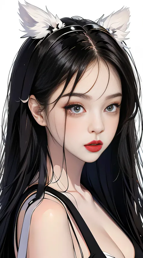 MASTERPIECE,Best,((pure white background)),Light effect,superclear, the high,-definition picture, (front face) solo,_Kim Ji-ni Jennie face,black hair,Wear a black T-shirt,cleavage,