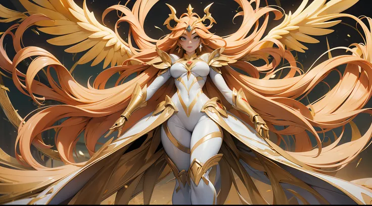 full body picture Unreal Engine 5 8K UHD of a beautiful adult goddess, long dark yellow hair, wearing futuristic gold and white tight battle suit, futuristic tight mask, futuristic neck collar, golden light details, golden energy wings, earrings, golden en...