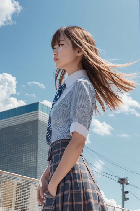 upper body,from the side,1person,solo,street scenery,tokyo scenery,rooftop,daytime,blue sky,(wind:1.2),delicate face,looking int...