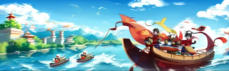 the dragon boat festival，chinese wind，a group of people rowing a dragon boat，anime,，there is the word dragon boat ankang，play wi...