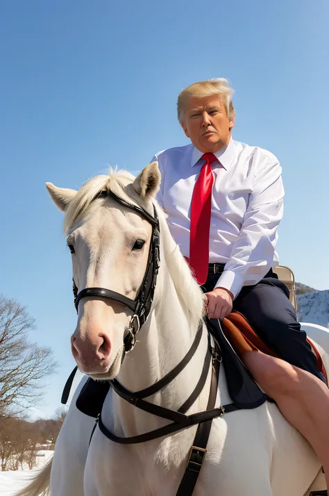 ((Best quality, high-resolution, masterpiece)), envision a powerful scene of former president Donald Trump confidently riding atop a majestic white stallion down a snow-covered road.
