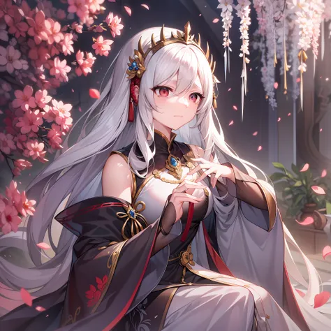 in the midst of this magnificent and ancient court，a white-haired female emperor of the white fox tribe who is wiping her tears ...