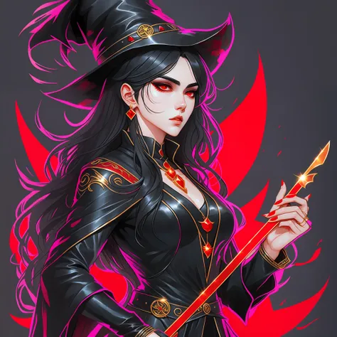 Witch woman 25 years old with black clothing and red stones by the outfit with golden details and a scarlet colored sickle in her hand anime style --auto --s2