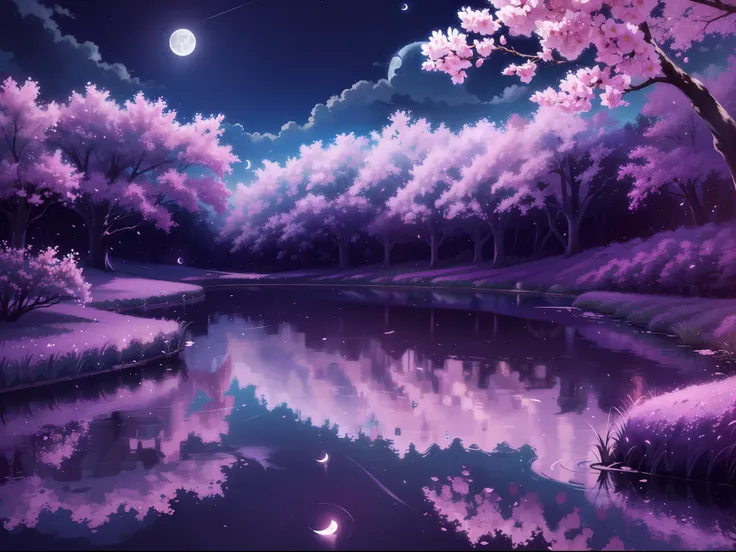 backround, cg, pnon, night, moon, wisteria, cheery blossom, one side is sky and the other is pond, panorama, ray tracing, reflec...